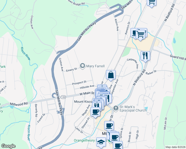 map of restaurants, bars, coffee shops, grocery stores, and more near 41 Mountain Avenue in Mount Kisco