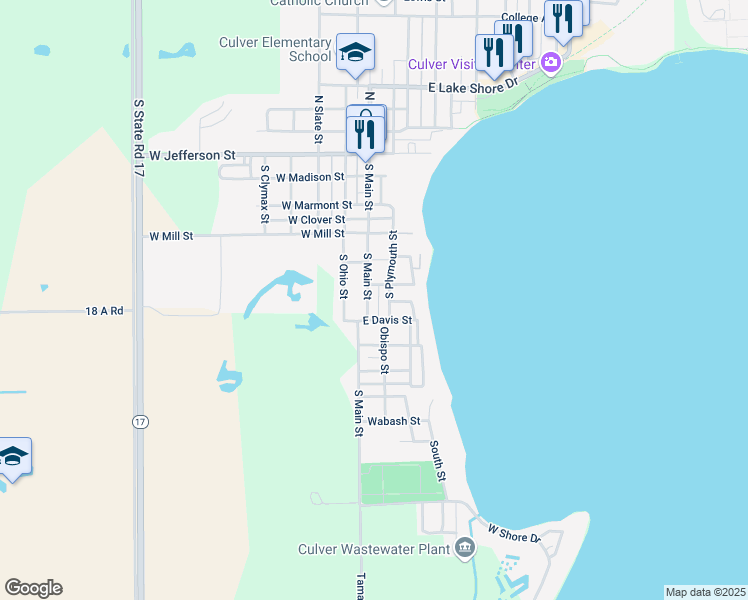 map of restaurants, bars, coffee shops, grocery stores, and more near 429-499 South Main Street in Culver