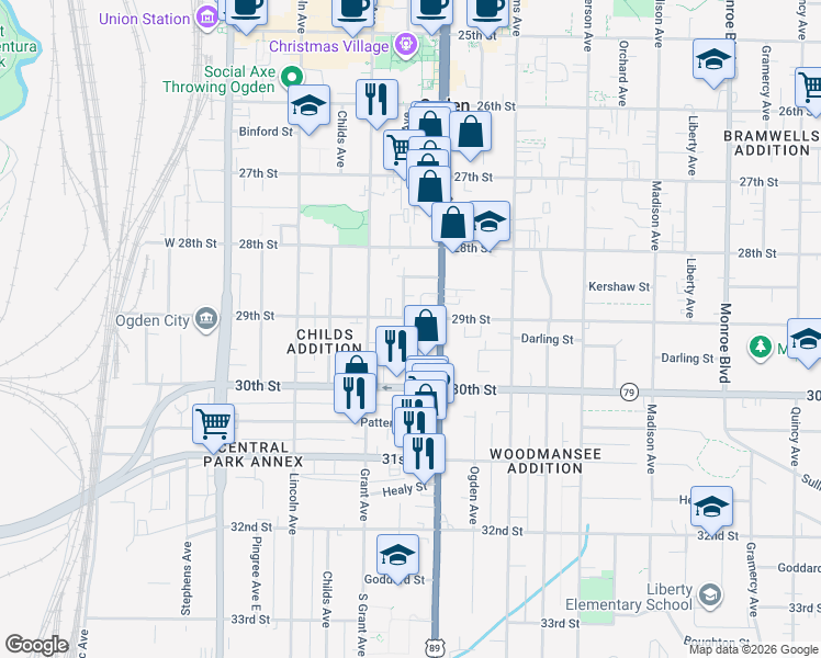 map of restaurants, bars, coffee shops, grocery stores, and more near 2887 Kiesel Avenue in Ogden