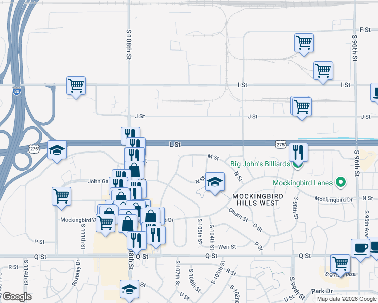 map of restaurants, bars, coffee shops, grocery stores, and more near 10612 M Street in Omaha