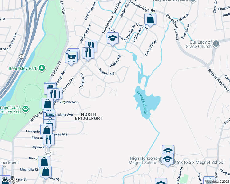 map of restaurants, bars, coffee shops, grocery stores, and more near 51 Dupont Place in Bridgeport
