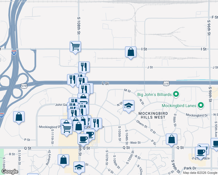 map of restaurants, bars, coffee shops, grocery stores, and more near 10612 M Street in Omaha