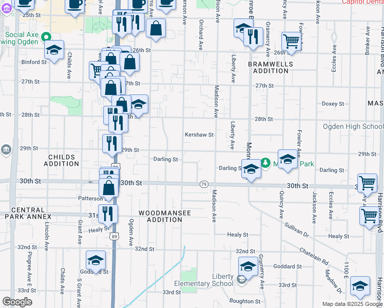 map of restaurants, bars, coffee shops, grocery stores, and more near 616 29th Street in Ogden