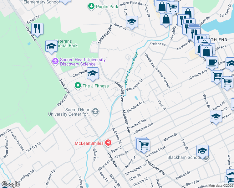 map of restaurants, bars, coffee shops, grocery stores, and more near 9 Roxbury Lane in Bridgeport