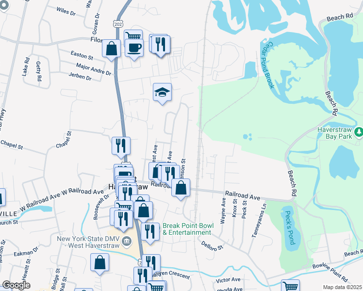 map of restaurants, bars, coffee shops, grocery stores, and more near 76 Benson Street in West Haverstraw