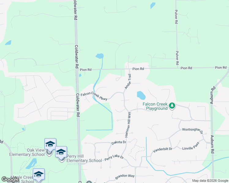 map of restaurants, bars, coffee shops, grocery stores, and more near 1111 Falcon Creek Pkwy in Fort Wayne
