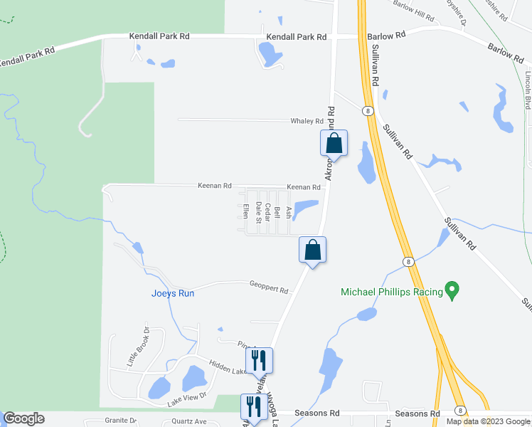 map of restaurants, bars, coffee shops, grocery stores, and more near 100 Keenan Road in Peninsula