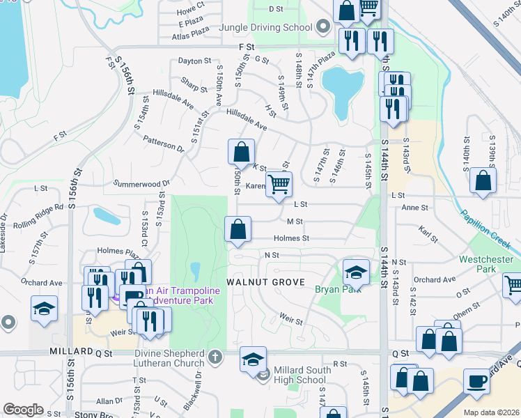 map of restaurants, bars, coffee shops, grocery stores, and more near 14954 L Street in Omaha