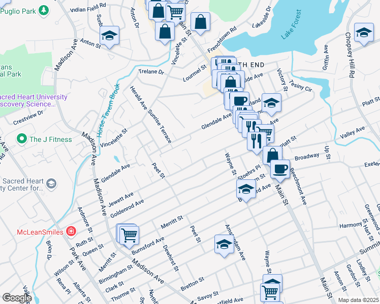 map of restaurants, bars, coffee shops, grocery stores, and more near 280 Jewett Avenue in Bridgeport