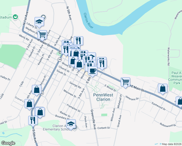 map of restaurants, bars, coffee shops, grocery stores, and more near 801-815 Twenty-Eighth Division Highway in Clarion