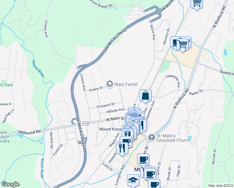 map of restaurants, bars, coffee shops, grocery stores, and more near 44 Mountain Avenue in Mount Kisco