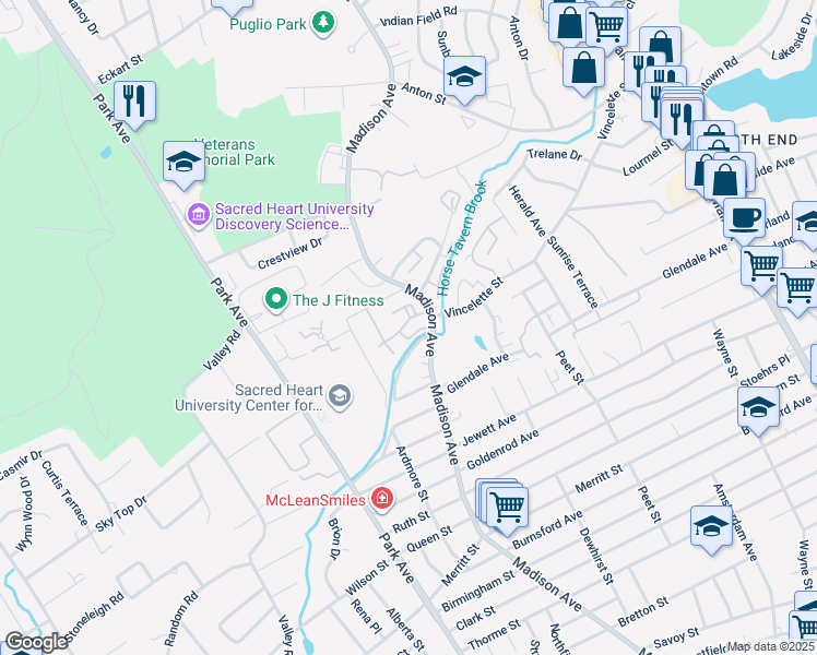 map of restaurants, bars, coffee shops, grocery stores, and more near 9 Roxbury Lane in Bridgeport