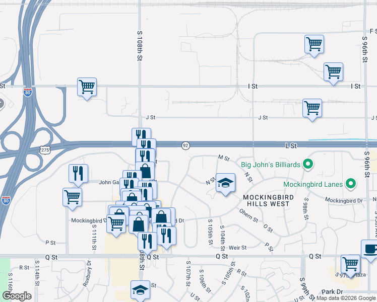 map of restaurants, bars, coffee shops, grocery stores, and more near 10708 M Street in Omaha