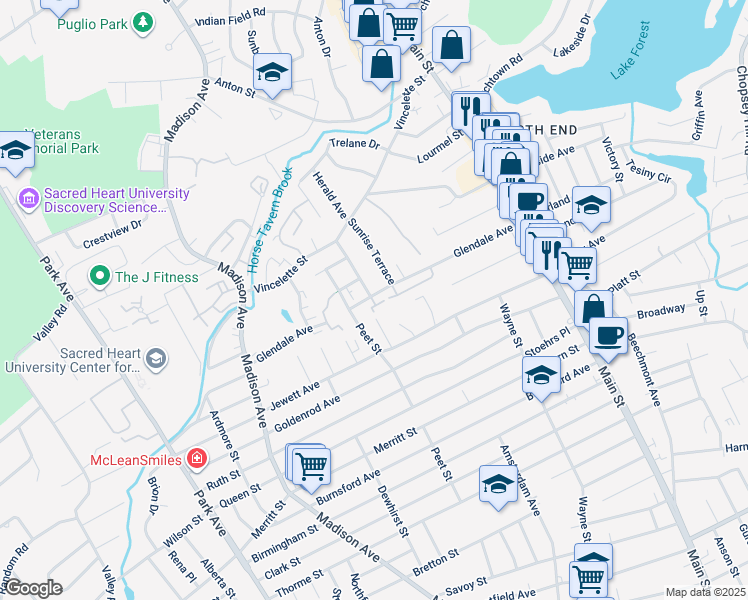 map of restaurants, bars, coffee shops, grocery stores, and more near 155 Sunrise Terrace in Bridgeport