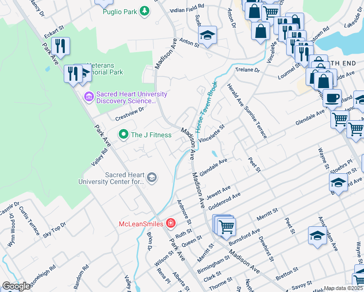 map of restaurants, bars, coffee shops, grocery stores, and more near 9 Roxbury Lane in Bridgeport