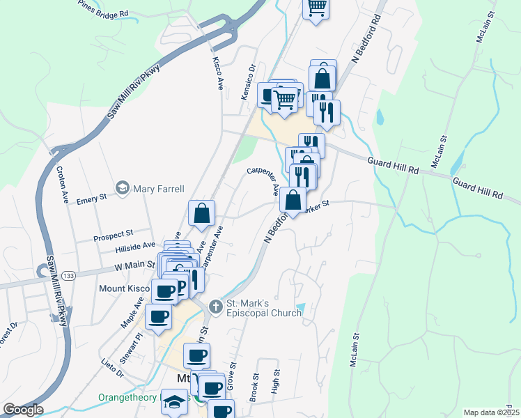 map of restaurants, bars, coffee shops, grocery stores, and more near 73 Barker Street in Mount Kisco