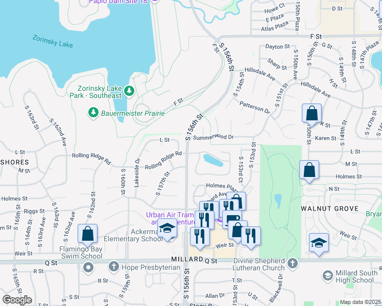 map of restaurants, bars, coffee shops, grocery stores, and more near 19910 Lakeside Plaza in Omaha