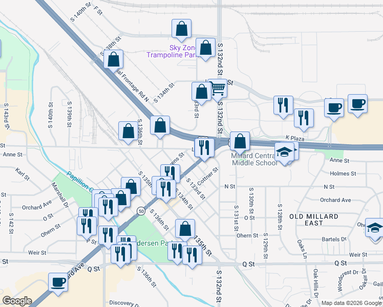 map of restaurants, bars, coffee shops, grocery stores, and more near 13206 Millard Avenue in Omaha