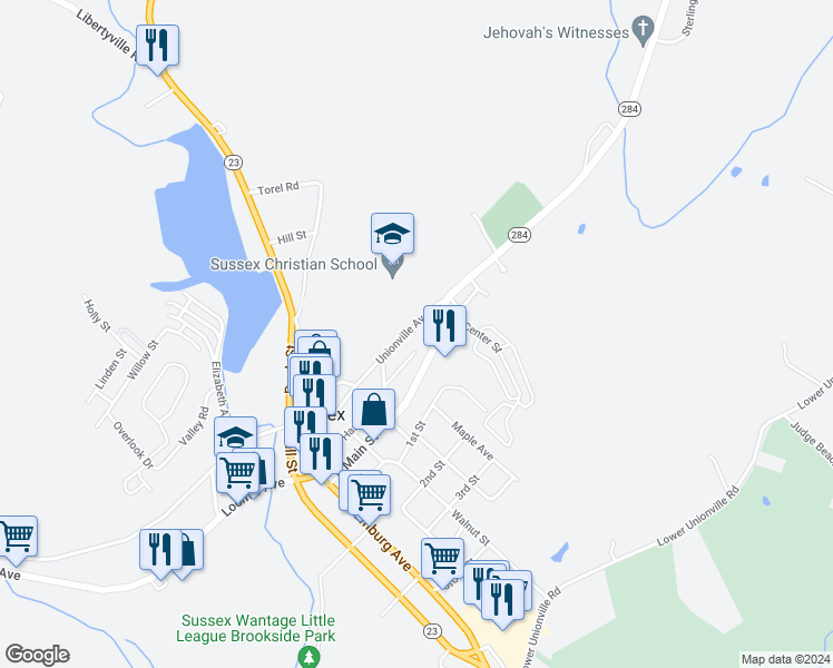 map of restaurants, bars, coffee shops, grocery stores, and more near 52 Unionville Avenue in Sussex