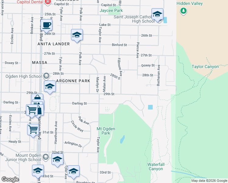 map of restaurants, bars, coffee shops, grocery stores, and more near 2890 Wheelock Avenue in Ogden