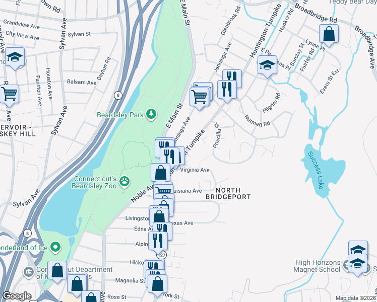 map of restaurants, bars, coffee shops, grocery stores, and more near 184 Huntington Turnpike in Trumbull