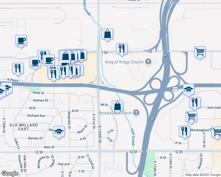 map of restaurants, bars, coffee shops, grocery stores, and more near 11800 L Street in Omaha