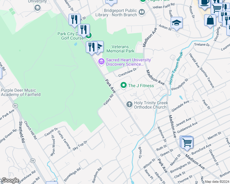 map of restaurants, bars, coffee shops, grocery stores, and more near 4178 Park Avenue in Bridgeport