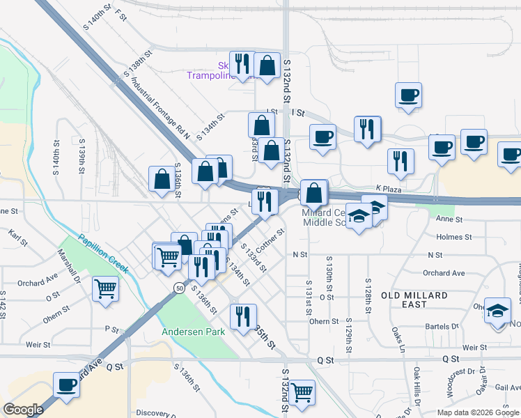 map of restaurants, bars, coffee shops, grocery stores, and more near 13206 Millard Avenue in Omaha