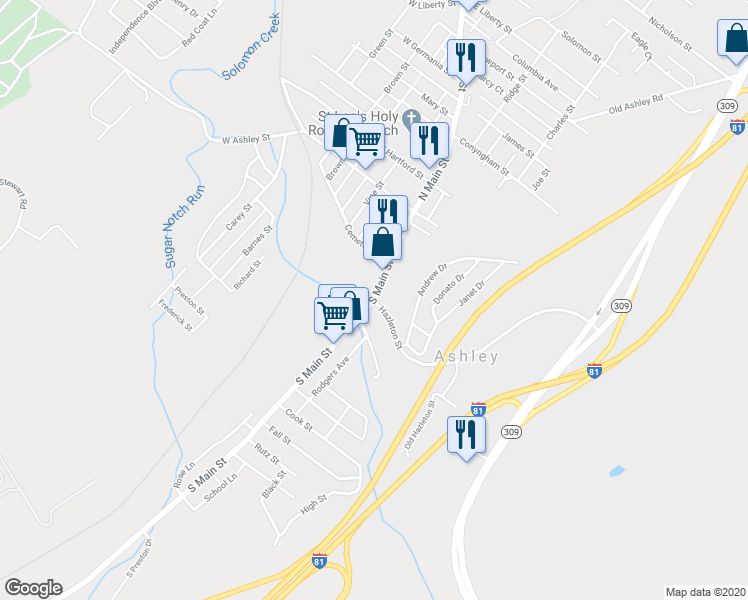 map of restaurants, bars, coffee shops, grocery stores, and more near 0 Hazleton Street in Ashley