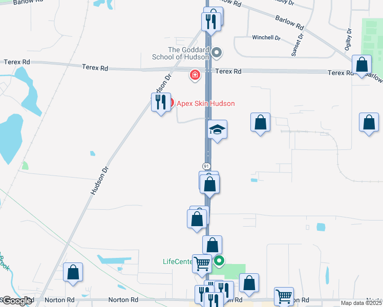 map of restaurants, bars, coffee shops, grocery stores, and more near 5400 Darrow Road in Hudson