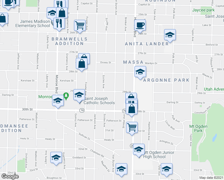 map of restaurants, bars, coffee shops, grocery stores, and more near 2872 Van Buren Avenue in Ogden