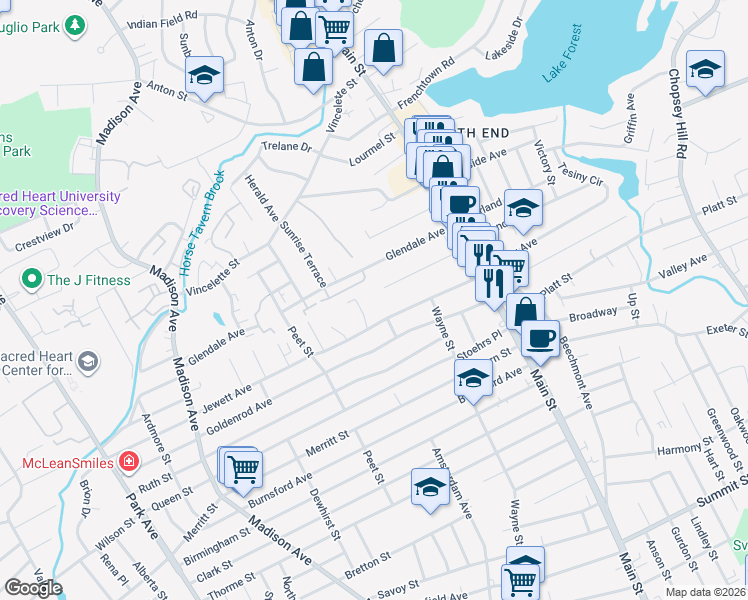 map of restaurants, bars, coffee shops, grocery stores, and more near 203 Englewood Avenue in Bridgeport