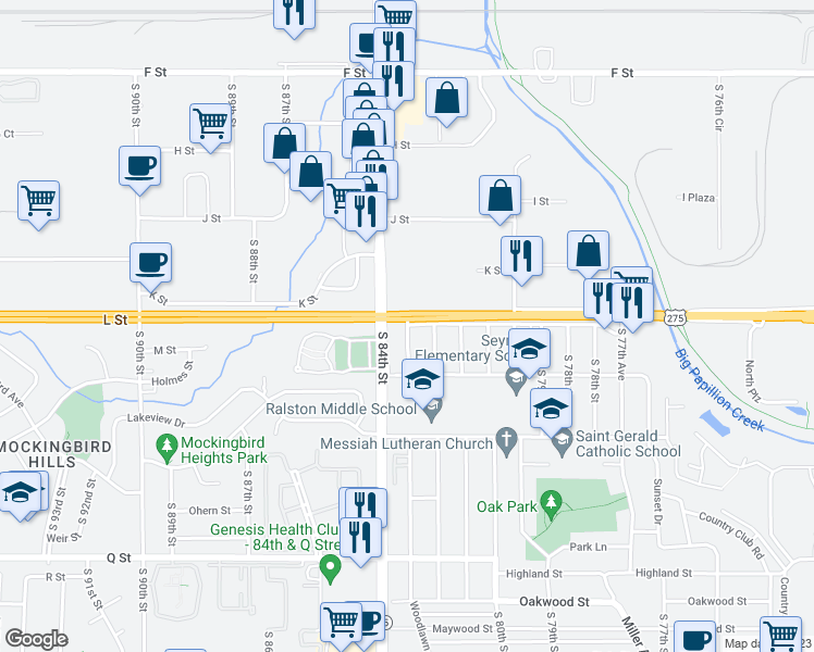 map of restaurants, bars, coffee shops, grocery stores, and more near 4746 South 83rd Street in Omaha