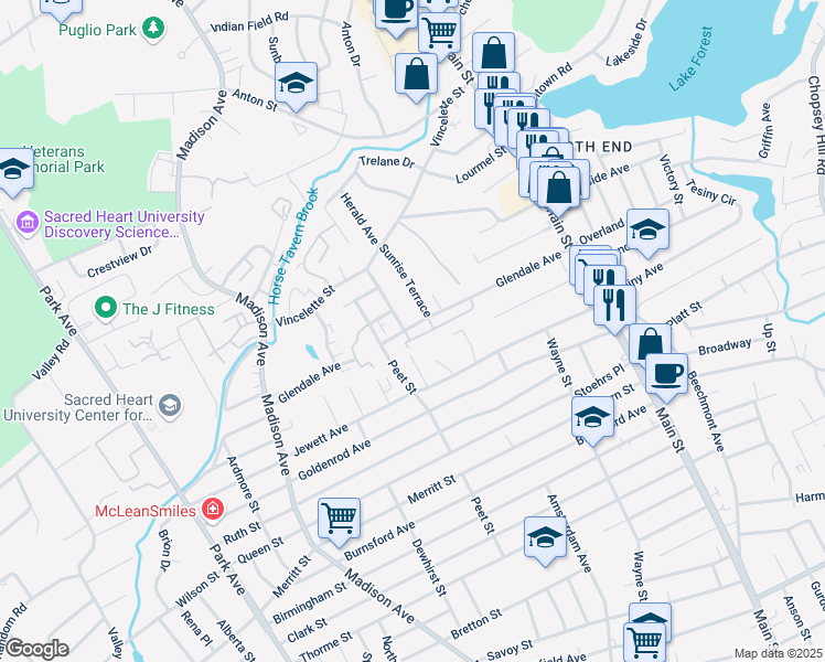 map of restaurants, bars, coffee shops, grocery stores, and more near 155 Sunrise Terrace in Bridgeport