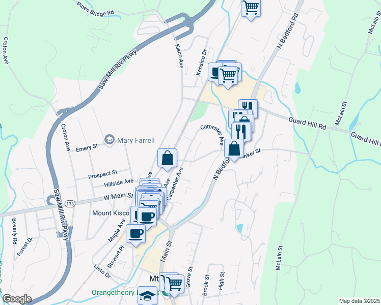 map of restaurants, bars, coffee shops, grocery stores, and more near 155 Carpenter Avenue in Mount Kisco