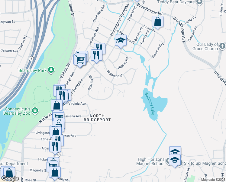 map of restaurants, bars, coffee shops, grocery stores, and more near 362 Priscilla Street in Bridgeport