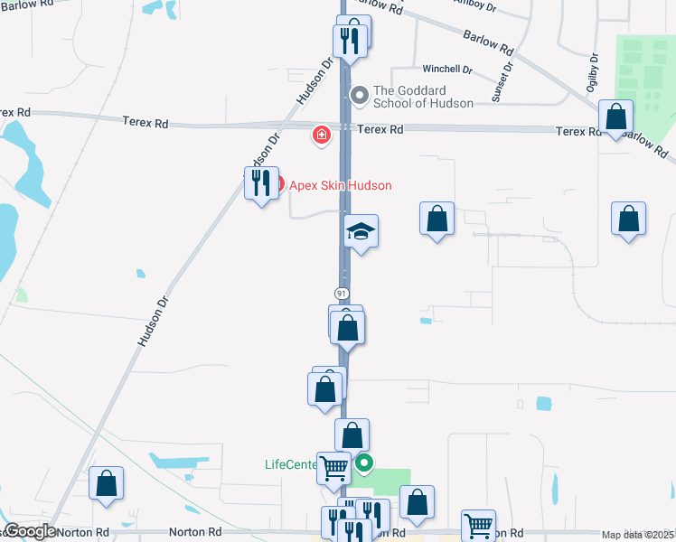 map of restaurants, bars, coffee shops, grocery stores, and more near 5400 Darrow Road in Hudson