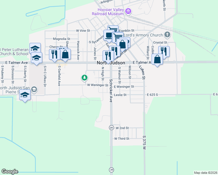 map of restaurants, bars, coffee shops, grocery stores, and more near 107 W Weninger St in North Judson
