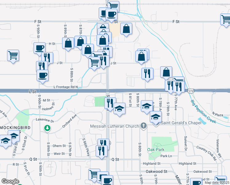 map of restaurants, bars, coffee shops, grocery stores, and more near 4743 South 83rd Street in Ralston