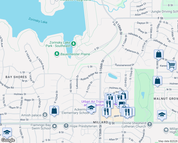 map of restaurants, bars, coffee shops, grocery stores, and more near 4712 South 157th Circle in Omaha