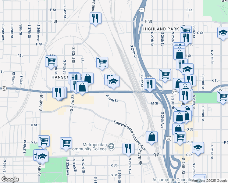 map of restaurants, bars, coffee shops, grocery stores, and more near in Omaha
