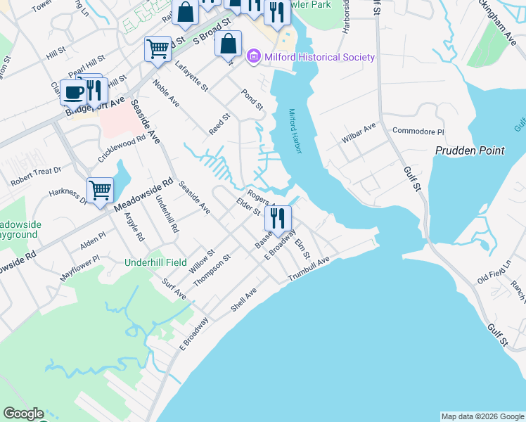 map of restaurants, bars, coffee shops, grocery stores, and more near 133 Rogers Avenue in Milford