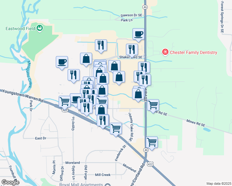 map of restaurants, bars, coffee shops, grocery stores, and more near 2350 Niles Cortland Road Southeast in Warren