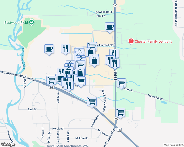 map of restaurants, bars, coffee shops, grocery stores, and more near 2350 Niles Cortland Road Southeast in Warren