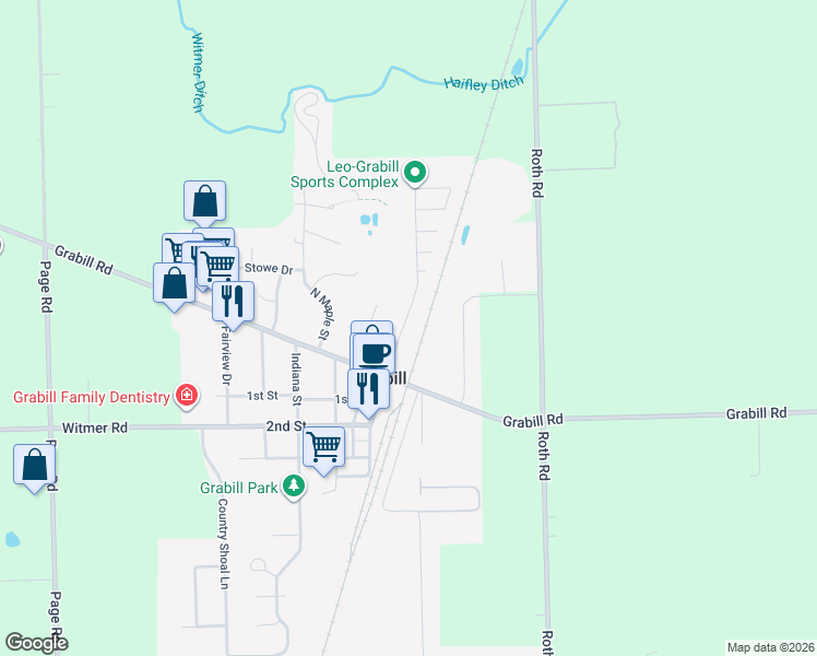 map of restaurants, bars, coffee shops, grocery stores, and more near 13724 Main Street in Grabill