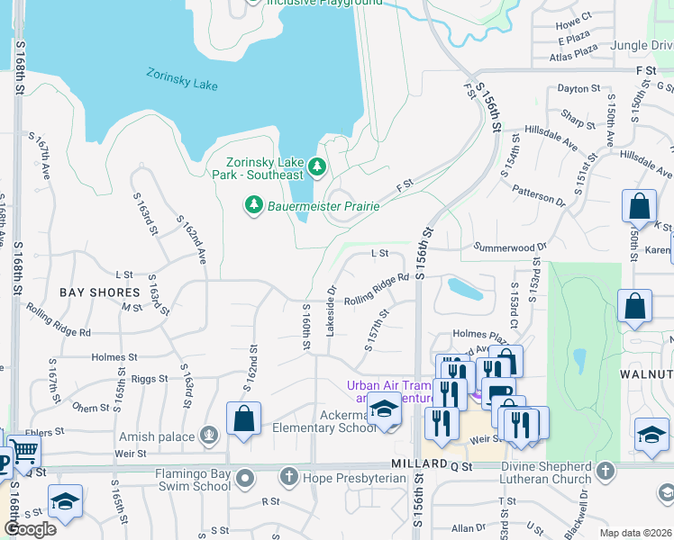 map of restaurants, bars, coffee shops, grocery stores, and more near 4716 Lakeside Drive in Omaha