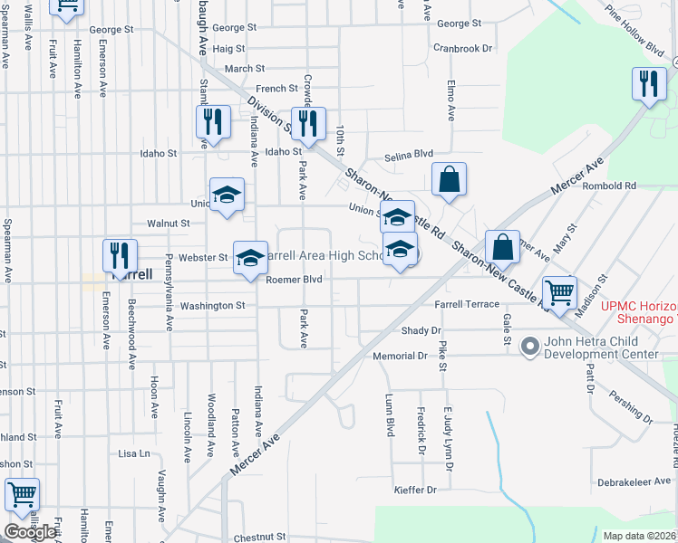 map of restaurants, bars, coffee shops, grocery stores, and more near 1504 Roemer Boulevard in Farrell