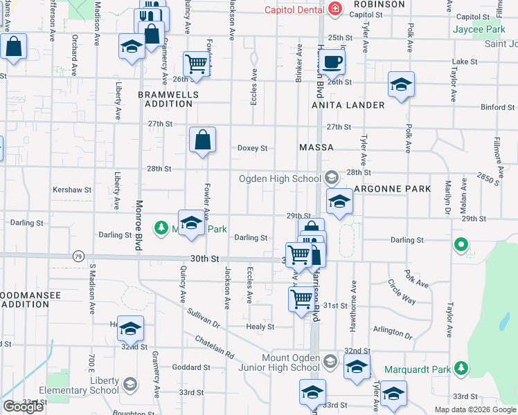 map of restaurants, bars, coffee shops, grocery stores, and more near 2872 Eccles Avenue in Ogden