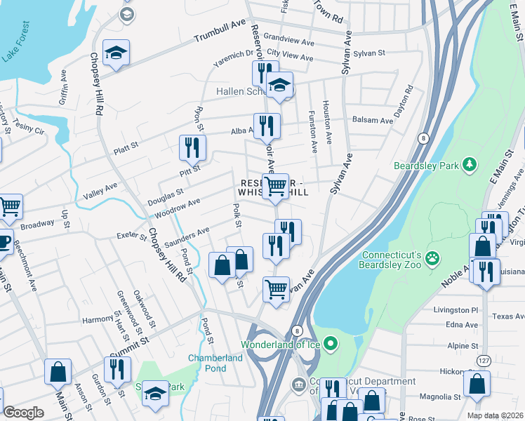 map of restaurants, bars, coffee shops, grocery stores, and more near 39 Moffitt Street in Bridgeport