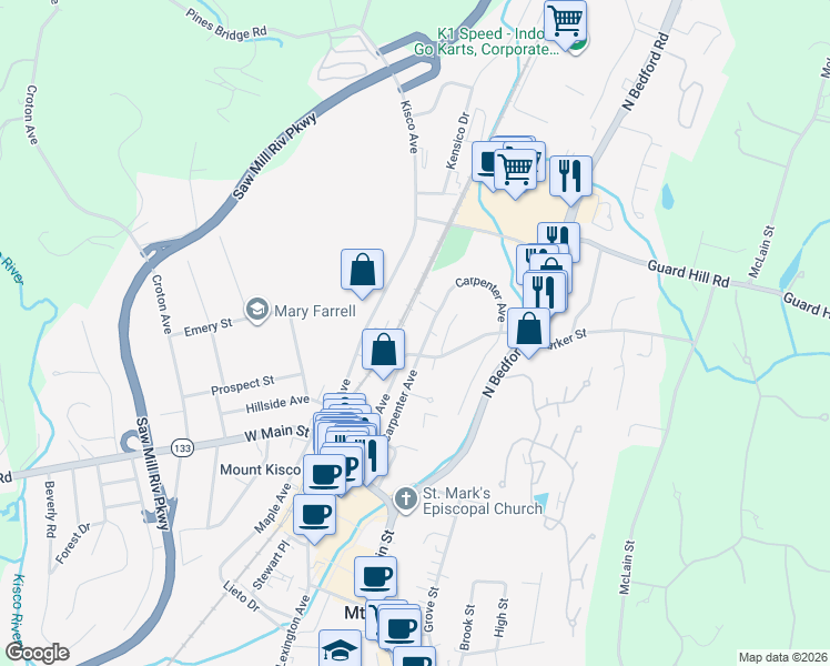 map of restaurants, bars, coffee shops, grocery stores, and more near 155 Carpenter Avenue in Mount Kisco